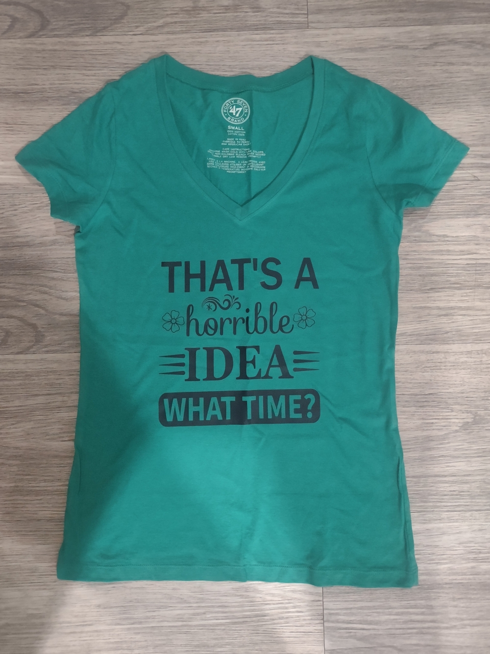 47 Women's Teal V-Neck Graphic Tee - Black Print